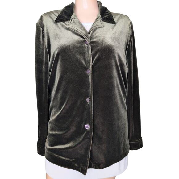 Olive Green Velvet Button Up Top Women Medium Grunge Minimalist Scandi Shacket - Picture 3 of 5